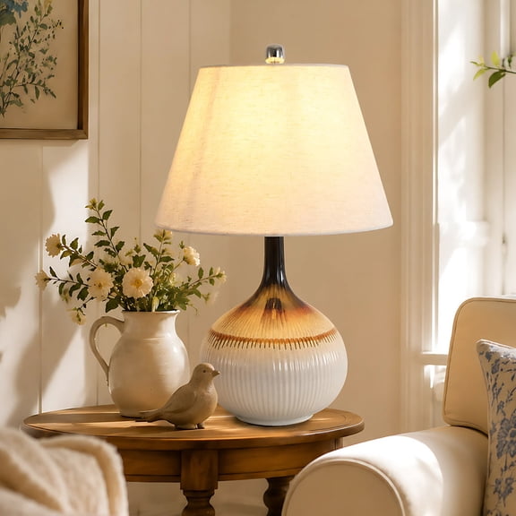 GCGAFUL 25.9in Modern Ceramic Table Lamp with Textured Base, Rustic Farmhouse Bedside Lamp with Fabric for Living Room, Bedroom Table
