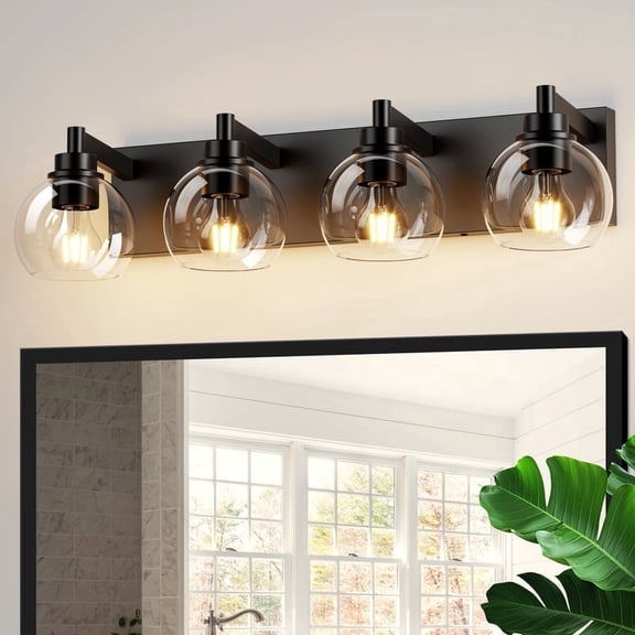 GCGAFUL 26 in. 4-Light Matte Black Modern Dimmable Bathroom Vanity Light with Clear Glass Globe Shade