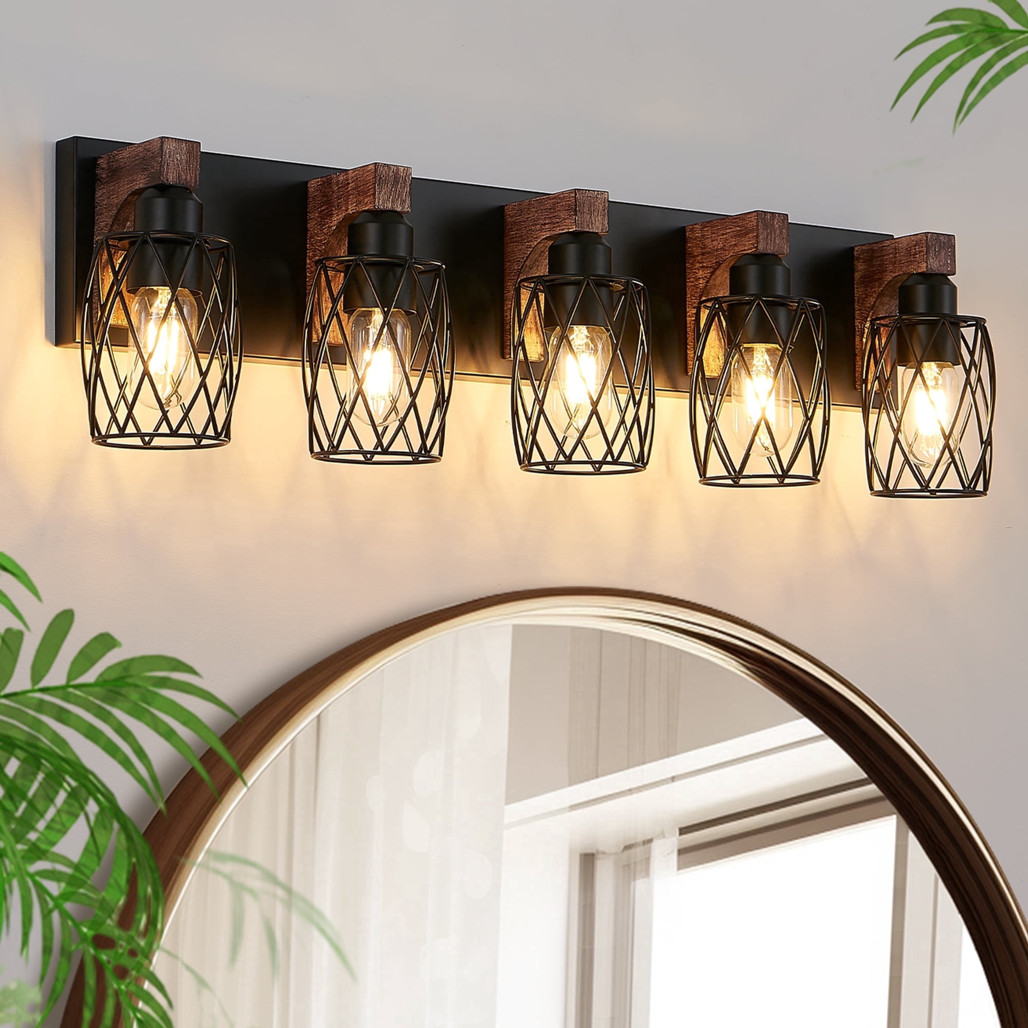 GCGAFUL 31 in. Farmhouse 5-Light Wood Bathroom Vanity Light Black Bathroom Light Fixtures over Mirror with Black Metal Shade for Living Room, Bedroom, Hallway