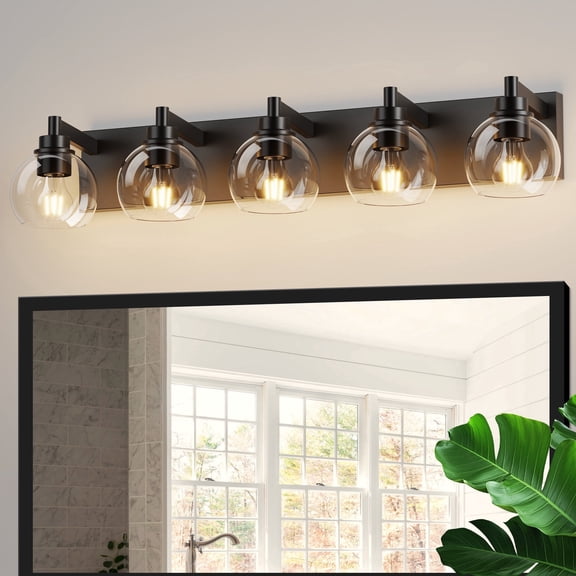 GCGAFUL 34 in. 5-Light Matte Black Modern Dimmable Bathroom Vanity Light with Clear Glass Globe Shade
