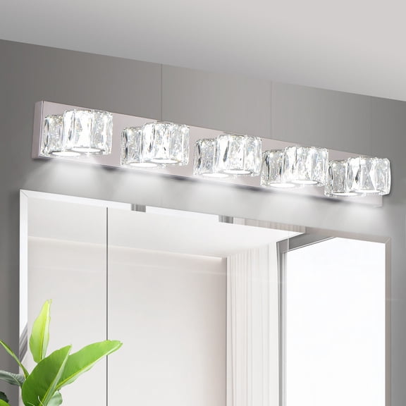 GCGAFUL 35 in. 5-Light Modern Chrome LED Vanity Light Bar with Crystal Shades for Mirror, Decor
