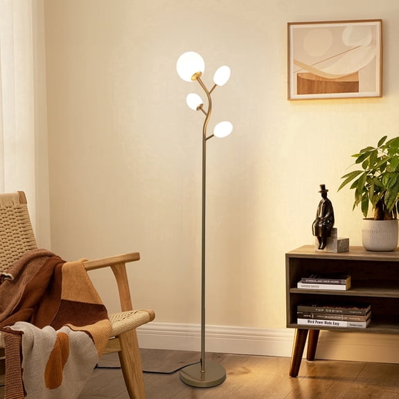 GCGAFUL 4 Glass Globe Floor Lamp for Living Room, Modern Gold Tree-Style Standing Lamp with Weighted Base, 3000K Warm Soft Light for Bedroom Office