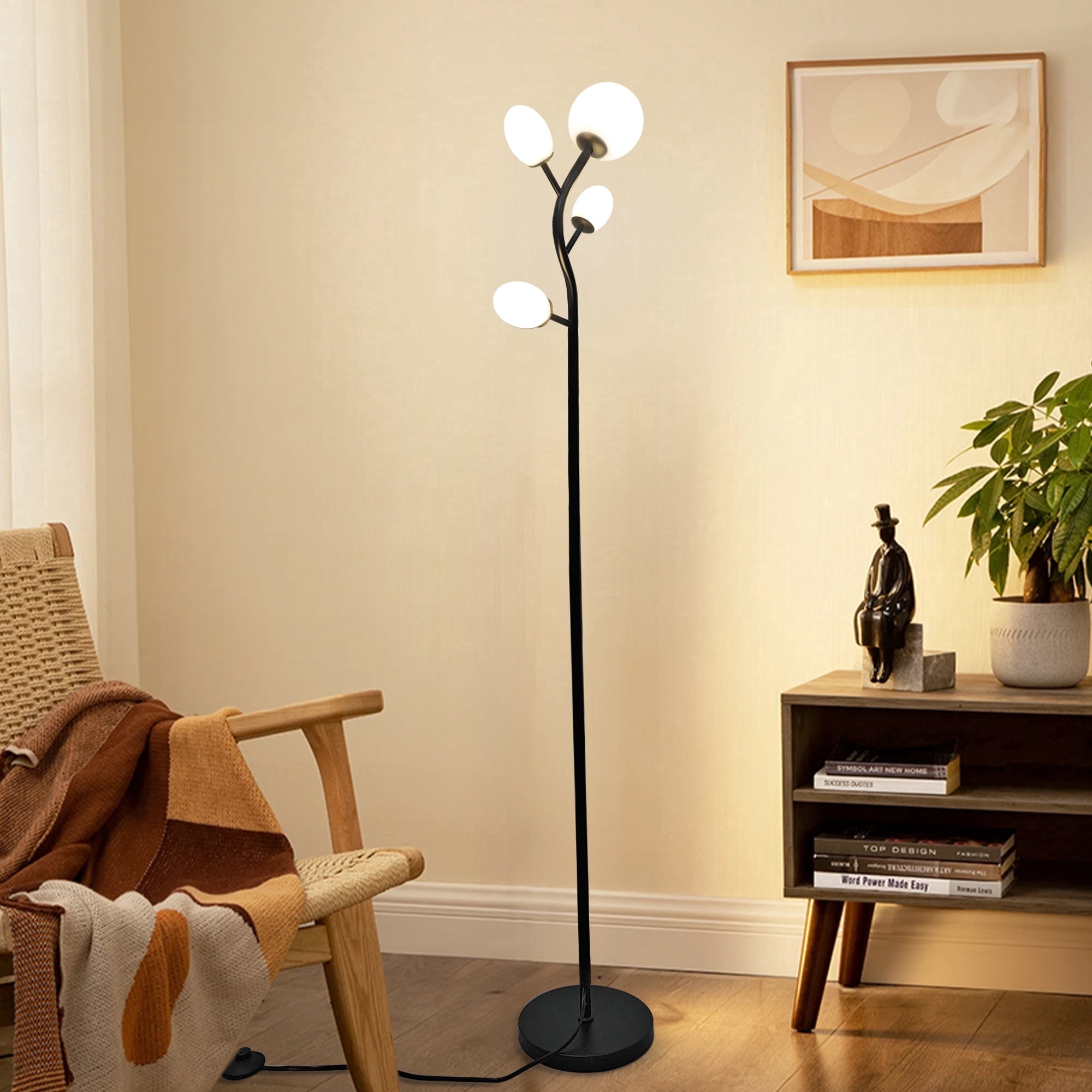 GCGAFUL 4-Light Glass Floor Lamp for Living Room, Modern Black Tree-Style Standing Lamp with Weighted Base, 3000K Warm Soft Light for Bedroom Office