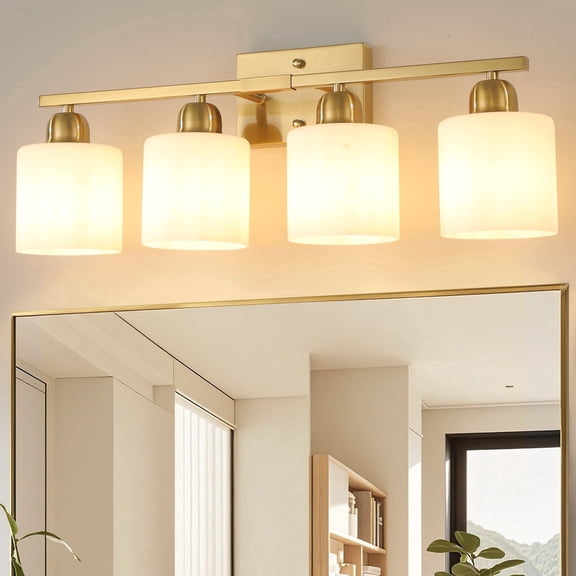 GCGAFUL 4-Light Gold Dimmable Bathroom Vanity Light Fixture with Milky White Glass Shade