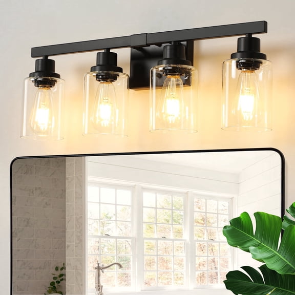 GCGAFUL 4-Light Matte Black Dimmable Bathroom Vanity Light Fixture with Clear Glass Shade