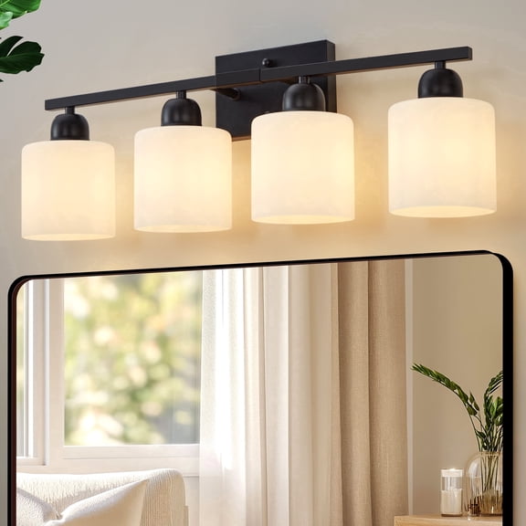 GCGAFUL 4-Light Matte Black Dimmable Bathroom Vanity Light Fixture with Milky White Glass Shade