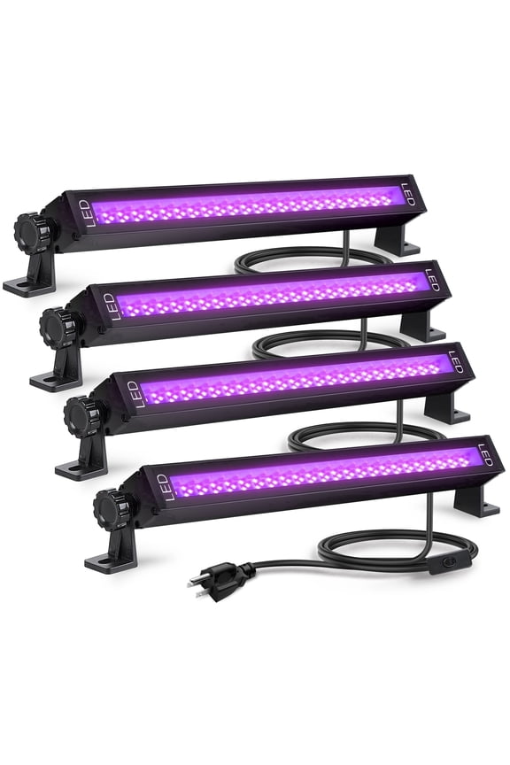 4 Pack LED Black Lights, Blacklight Bars with Plug and Switch, Glow in The Dark Party Supplies for Halloween Decorations, Bedroom, Body Paint, Stage Lighting, Poster, Black