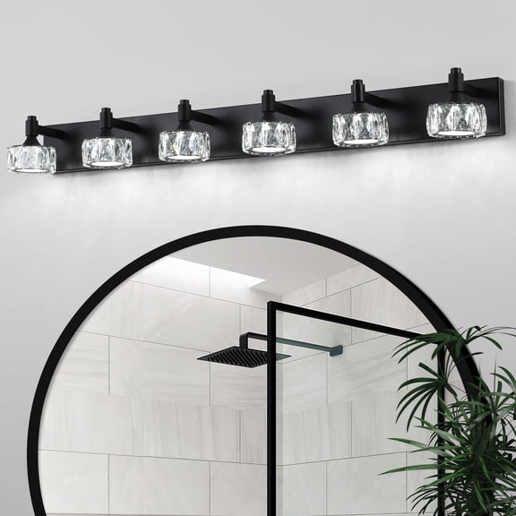 GCGAFUL 44 in. 6-Light Modern Black LED Vanity Light Bar with Crystal Shades for Mirror, Shower, and Bathroom Decor