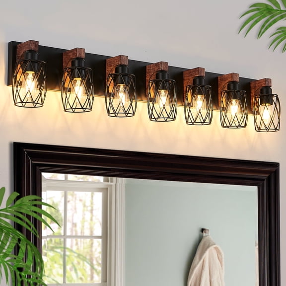GCGAFUL 44 in. Farmhouse 7-Light Wood Bathroom Vanity Light Black Bathroom Light Fixtures over Mirror with Black Metal Shade for Living Room, Bedroom, Hallway
