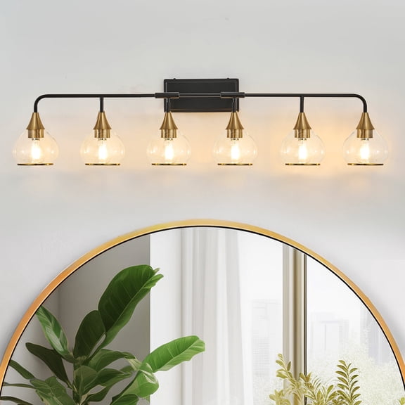 GCGAFUL 48 in. 6-Light Black and Gold Bathroom Vanity Light with Clear Glass Shade, Modern Wall Sconce for Mirror, Vanity, and Living Spaces