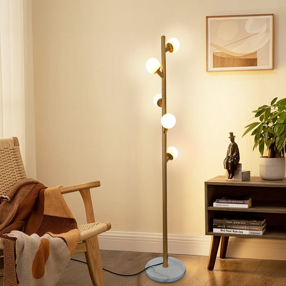 GCGAFUL 5 Glass Globe Floor Lamp for Living Room, Modern Gold Tree-Style Standing Lamp with Weighted Base, 3000K Warm Soft Light for Bedroom Office