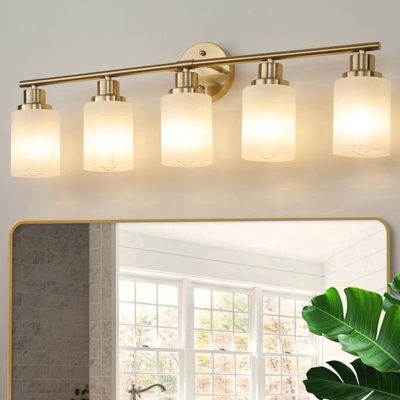 GCGAFUL 5-Light Gold Dimmable Bathroom Vanity Light Fixture with Frosted Glass Shade