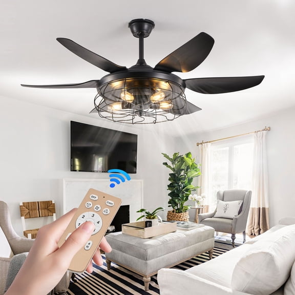 GCGAFUL 52" Farmhouse Black Ceiling Fan with Light and Remote, Rustic Ceiling Fan with 6 Speeds, Quiet DC Motor for Bedroom and Living Room