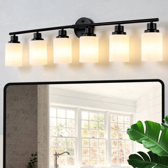 GCGAFUL 6-Light Matte Black Dimmable Bathroom Vanity Light Fixture with Frosted Glass Shade