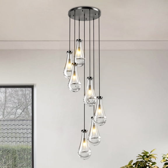 GCGAFUL 7-Light Raindrop Chandelier, Modern Matte Black Teardrop Pendant Light with Clear Glass, Height Adjustable for Kitchen Island, Living Room