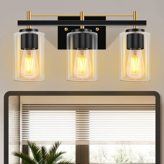 GCGAFUL Bathroom Vanity Light, 17.32 in. 3-Light Matte Black & Gold Modern Wall Sconce with Clear Glass Shade
