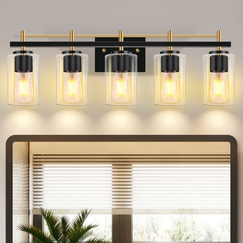 GCGAFUL Bathroom Vanity Light, 30.5 in. 5-Light Matte Black & Gold Modern Wall Sconce with Clear Glass Shade
