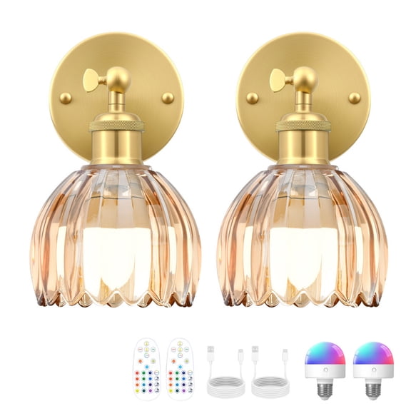 GCGAFUL Vintage Battery Operated Wall Sconce with Tulip Glass Lampshade, USB Rechargeable Battery Powered Wall Light for Bedside Bedroom Doorway Living Room，Set of Two