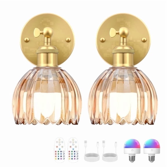 GCGAFUL Vintage Battery Operated Wall Sconce with Tulip Glass Lampshade, USB Rechargeable Battery Powered Wall Light for Bedside Bedroom Doorway Living Room，Set of Two