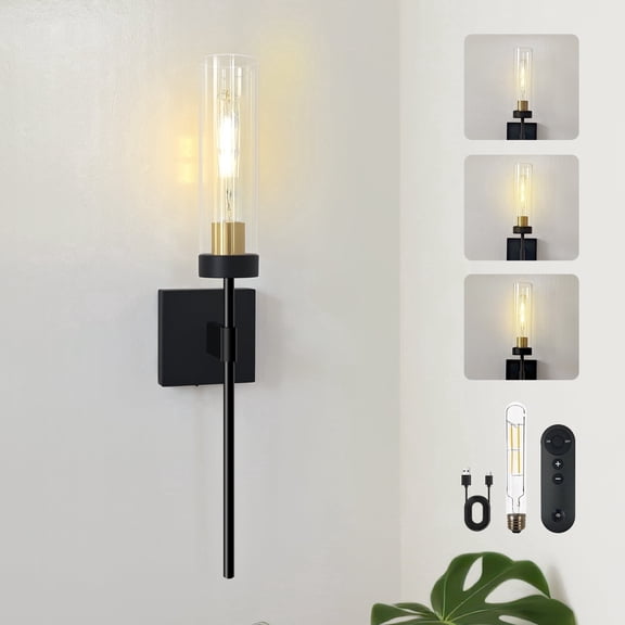 GCGAFUL Battery Operated Wall Sconce With Clear Glass Lampshade, Rechargeable Battery Powered Wall Light With Remote Control For Bedside Bedroom Doorway Living Room