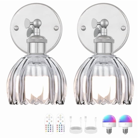 GCGAFUL Vintage Battery Operated Wall Sconce with Tulip Glass Lampshade, USB Rechargeable Battery Powered Wall Light for Bedside Bedroom Doorway Living Room,Set of Two