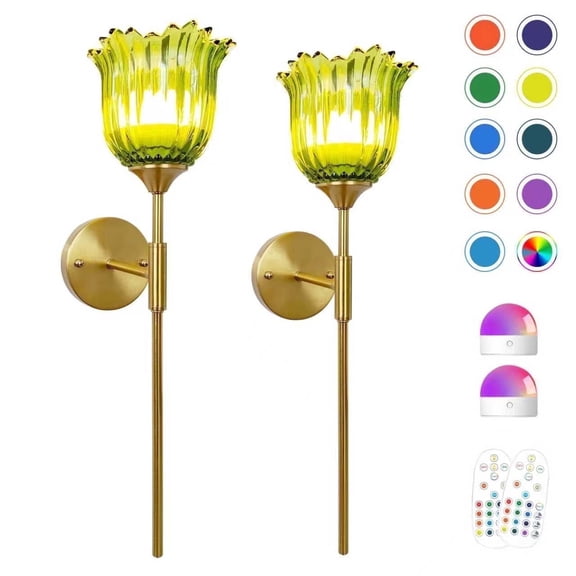 GCGAFUL 2 Pack Battery Operated Wall Sconce With Green Glass Lampshade, Rechargeable Battery Powered Wall Light With Remote Control For Bedside Bedroom Doorway Living Room