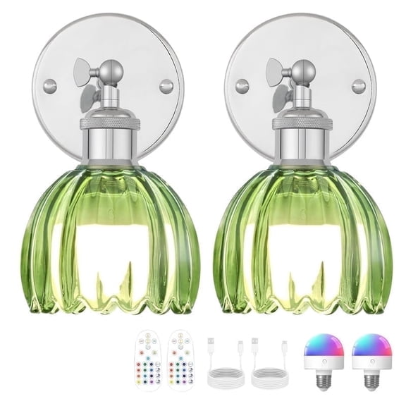GCGAFUL Vintage Battery Operated Wall Sconce with Tulip Glass Lampshade, USB Rechargeable Battery Powered Wall Light for Bedside Bedroom Doorway Living Room,Set of Two