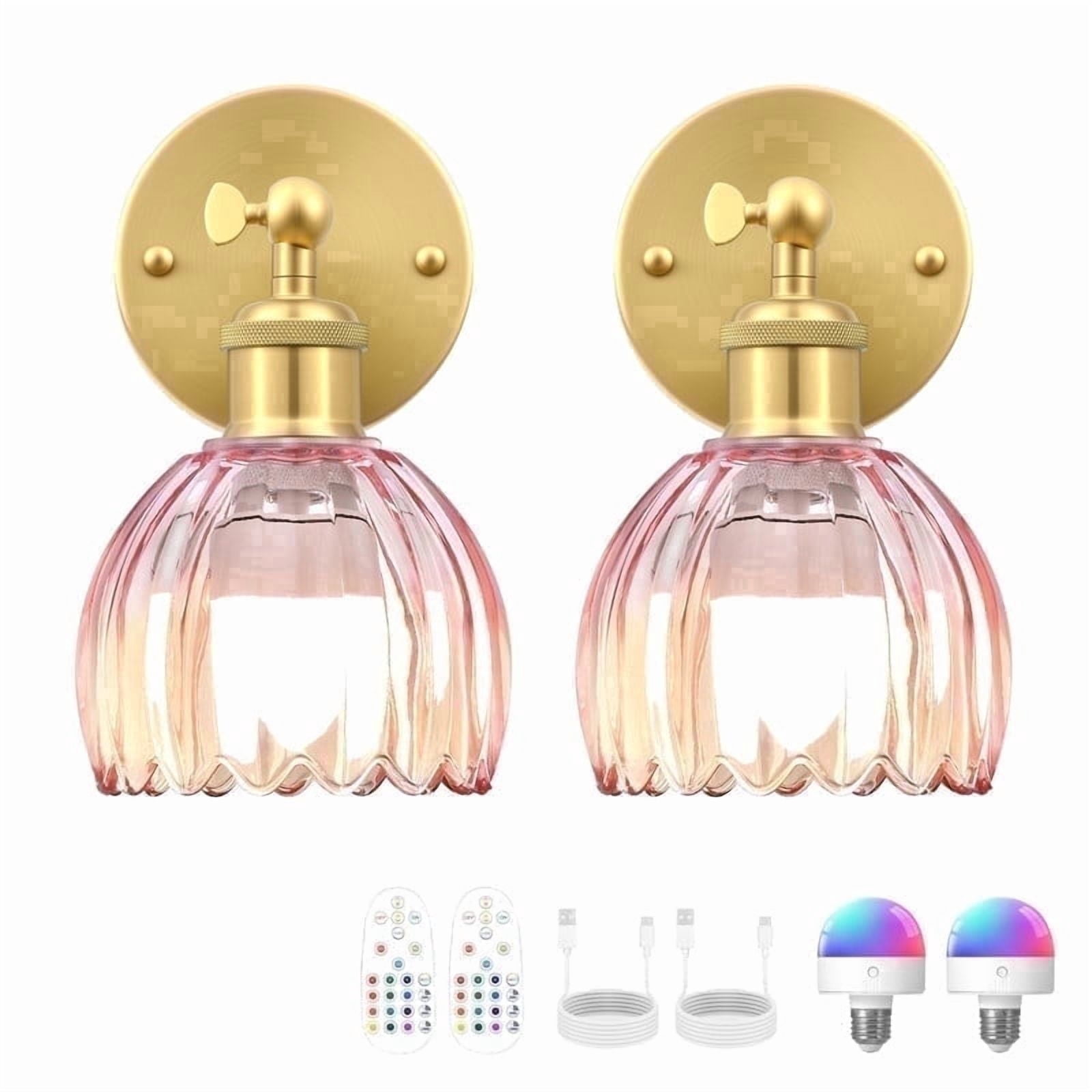 GCGAFUL Vintage Battery Operated Wall Sconce with Tulip Glass Lampshade, USB Rechargeable Battery Powered Wall Light for Bedside Bedroom Doorway Living Room，Set of Two