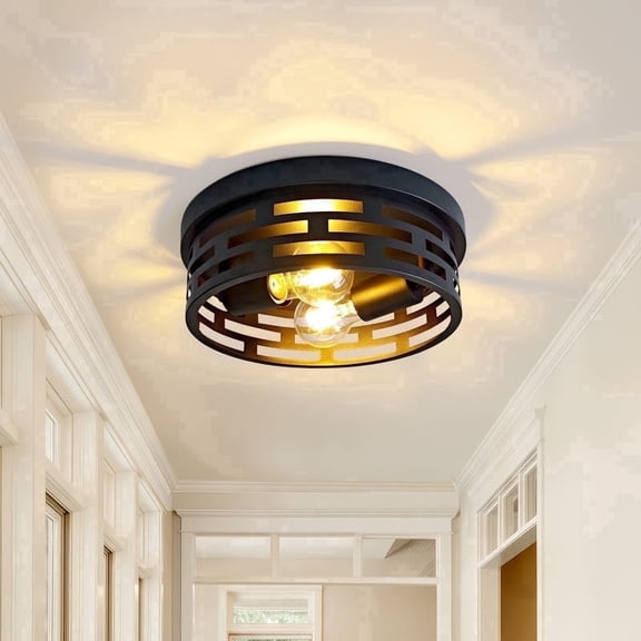 GCGAFUL Black Flush Mount Ceiling Light,11" 2-Light Industrial Farmhouse Metal Cage Black Light Fixtures Ceiling Mount for Kitchen Entryway Hallway E26 Base