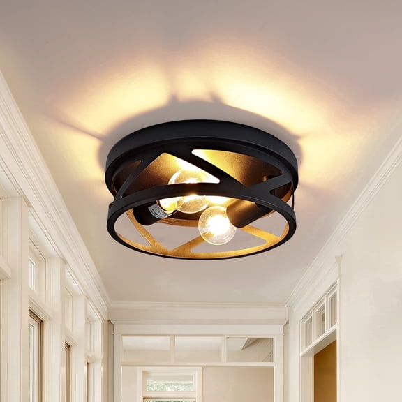 GCGAFUL Black Flush Mount Ceiling Light,11" 2-Light Industrial Farmhouse Metal Cage Black Light Fixtures Ceiling Mount for Kitchen Entryway Hallway E26 Base