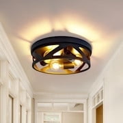 GCGAFUL Black Flush Mount Ceiling Light,12.6" 3-Light Industrial Farmhouse Metal Cage Black Light Fixtures Ceiling Mount for Kitchen Entryway Hallway E26 Base
