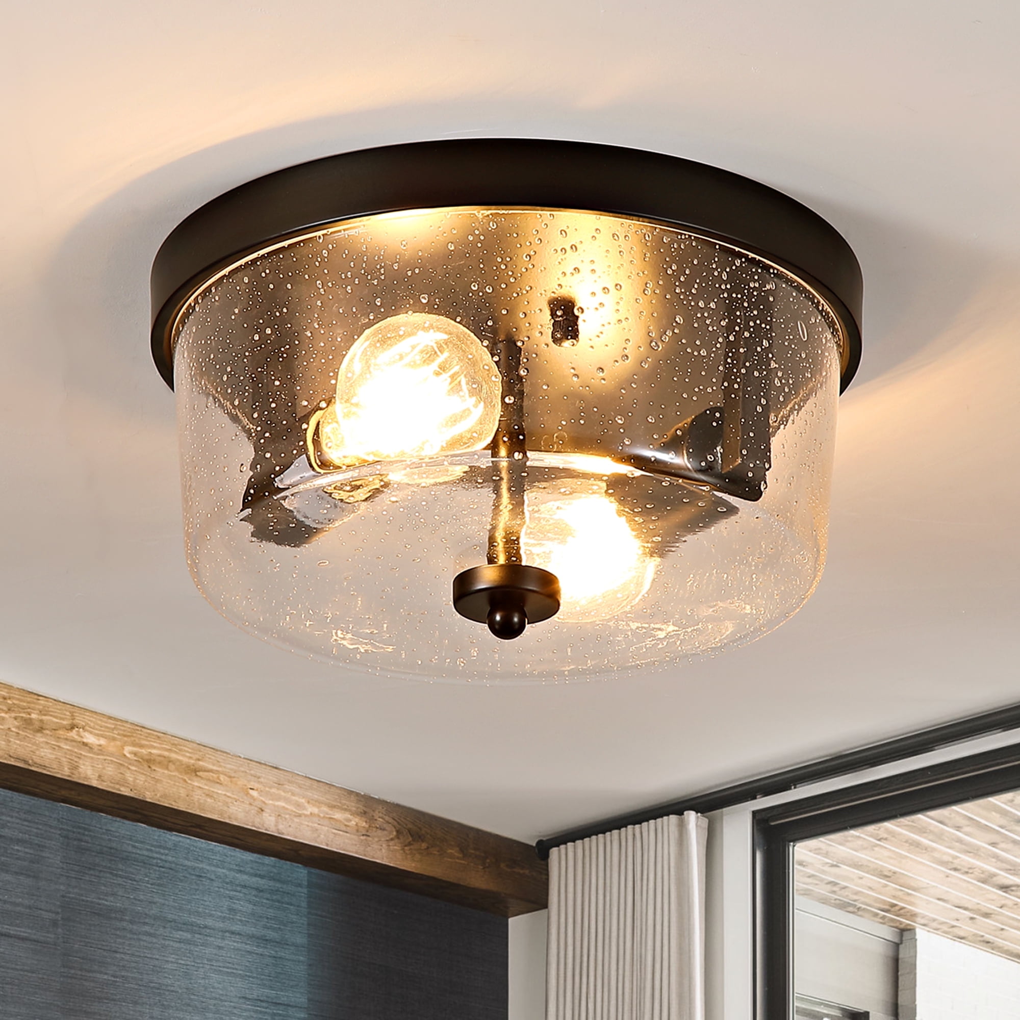 GCGAFUL Modern Black Flush Mount Ceiling Light, Farmhouse Iron Light Fixture with Seeded Glass, for Hallway Kitchen Bedroom