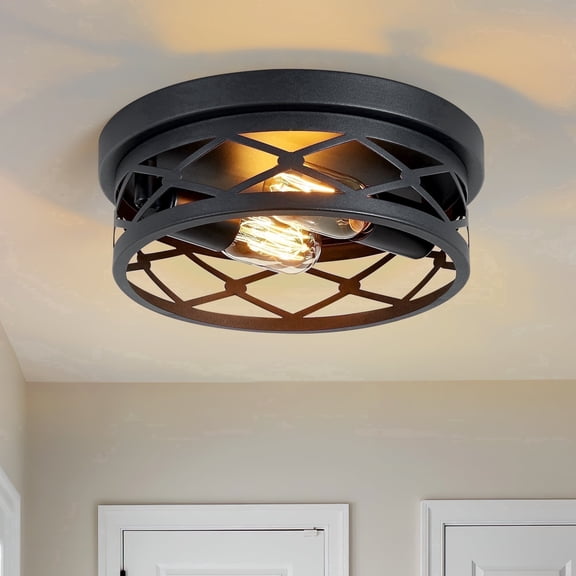 GCGAFUL Farmhouse Flush Mount Ceiling Light, 2-Light Black Rustic Circular Ceiling Fixture, for Hallways, Kitchens, Living Rooms