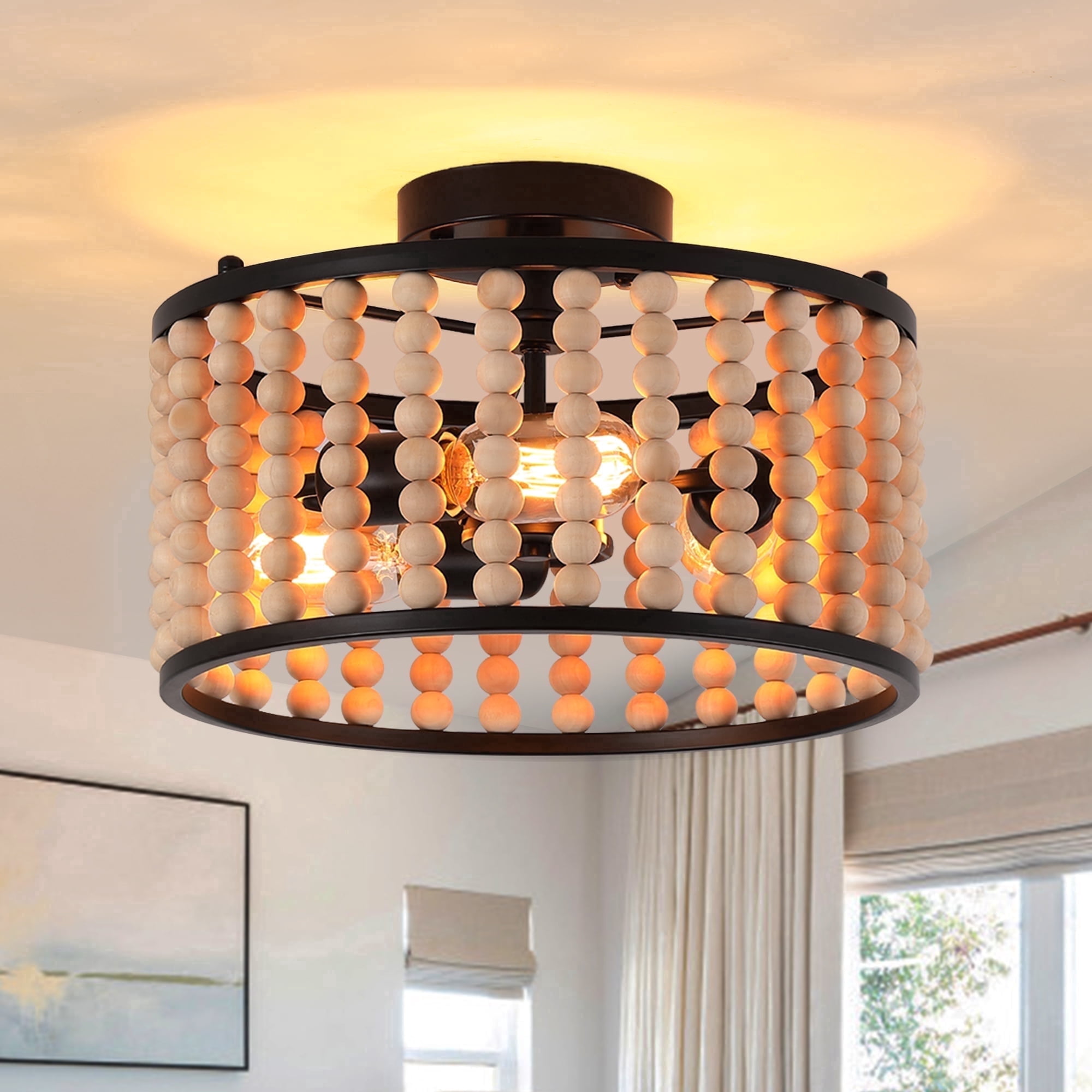 GCGAFUL Bohemian Wood Beaded Flush Mount Ceiling Light. It is an Rustic 3 Light. The 13 Inch Mini Round Black Version Is Suitable For Girls' rooms, Bedrooms, Hallways, With E26 base.