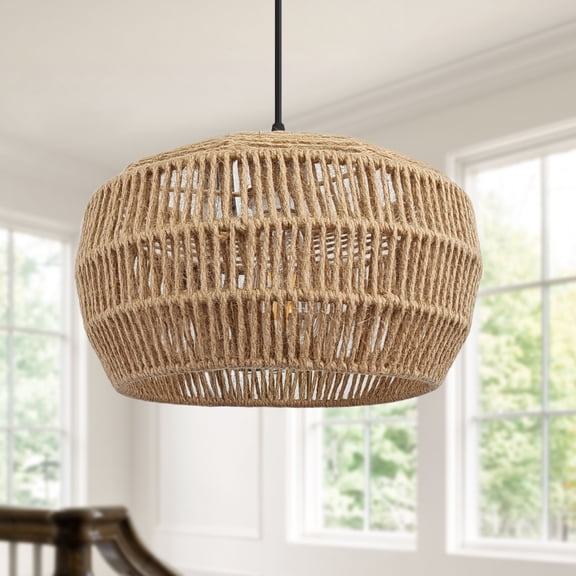 GCGAFUL Boho Hemp Rope Woven Chandelier, 12.2-inch Farmhouse Round Adjustable lighting Fixture for Hallway, Living Room, Kitchen Island, Bedroom