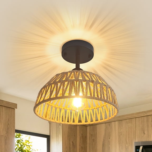 GCGAFUL Boho Hemp Rope Woven Flush Mount Ceiling Light, 10.2 Inch Basket Lamp for Corridor, Living Room, Kitchen, Bedroom. E26 Base