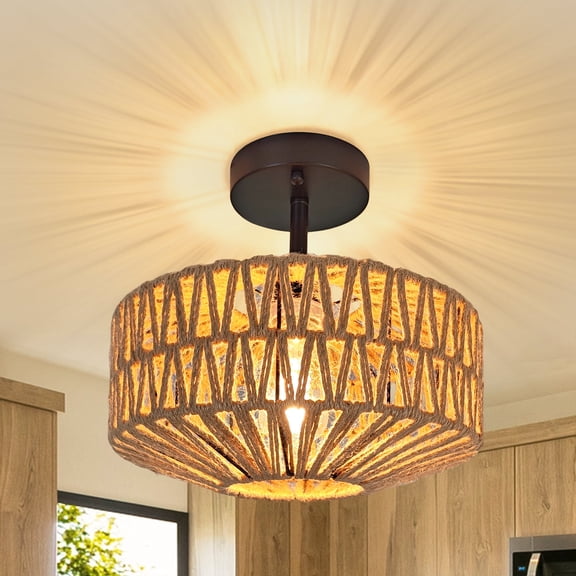 GCGAFUL Boho Hemp Rope Woven Flush Mount Ceiling Light, 12-inch Small Farmhouse Lamp for Hallways, Living Rooms, Kitchens and Bedrooms. E26 Base