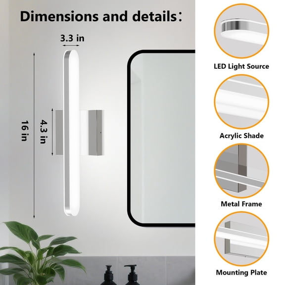 GCGAFUL Brushed Nickel Bathroom Vanity Light, 16" Modern Dimmable LED Light, 6000K Chrome Finish, Horizontal/Vertical Mounting (ETL Certificated)