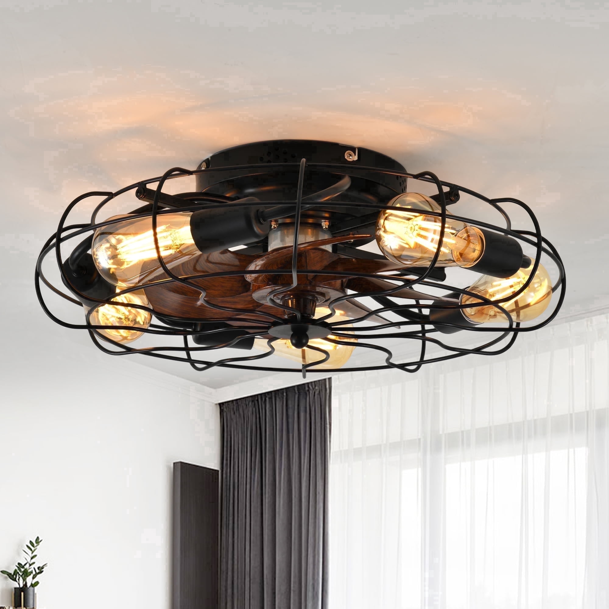 GCGAFUL 19.7 Inch Ceiling Fan with 5 Lights and Remote, Black Low Profile Flush Mount Caged Fan Light, Farmhouse Fan for Bedroom Kitchen