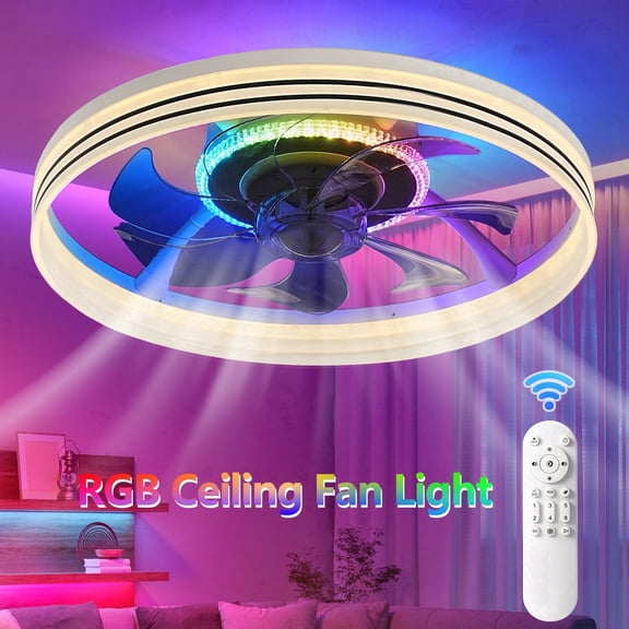 GCGAFUL RGB Flush Mount Ceiling Fan with Light and Remote, LED Fan Light with Reversible & 3CCT for Bedroom, Dining Room