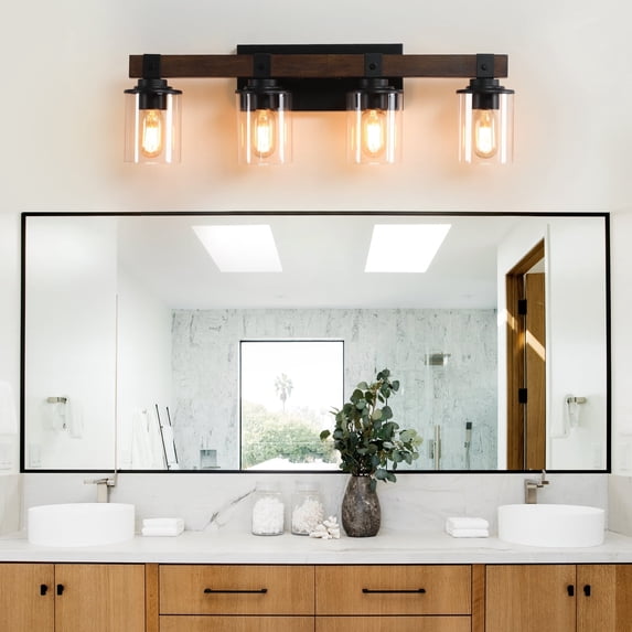 GCGAFUL Farmhouse Bathroom Vanity Light, 27 Inch 4-Light Black and Walnut Wall Sconce with Clear Glass Shades, Dimmable E26 Base