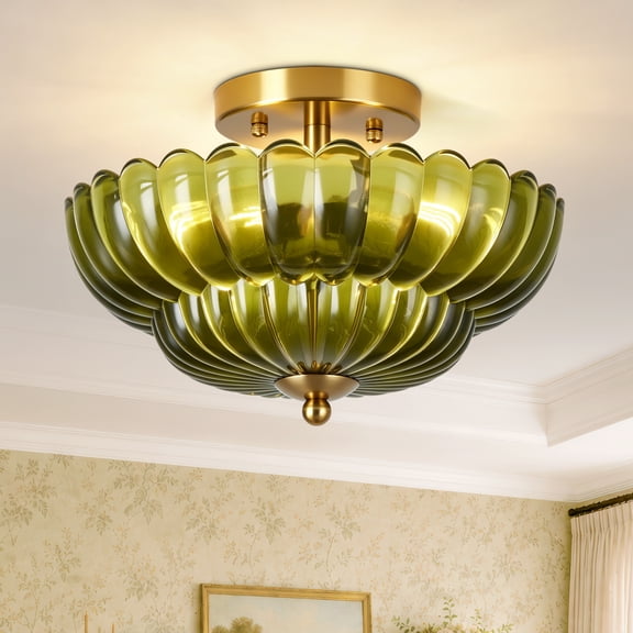 12" 3-Light Vintage Gold Semi Flush Mount Ceiling Light with Green Glass Shade Modern Indoor Close to Ceiling Light Fixture for Bedroom Kitchen Hallway Entryway Dining Room