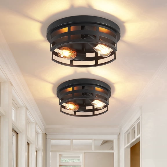 GCGAFUL 11 inch 2-Light Vintage Farmhouse Flush Mount Ceiling Light, 2-Pack Matte Black Ceiling Lighting for Kitchen, Hallway, Bedroom
