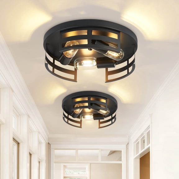 GCGAFUL Farmhouse Flush Mount Ceiling Lights 2-Pack. An Industrial Style Close-To-Ceiling Light with A Black Metal Frame. A Light with 3 E26 Sockets, Suitable for Kitchens, Hallways and Bedrooms