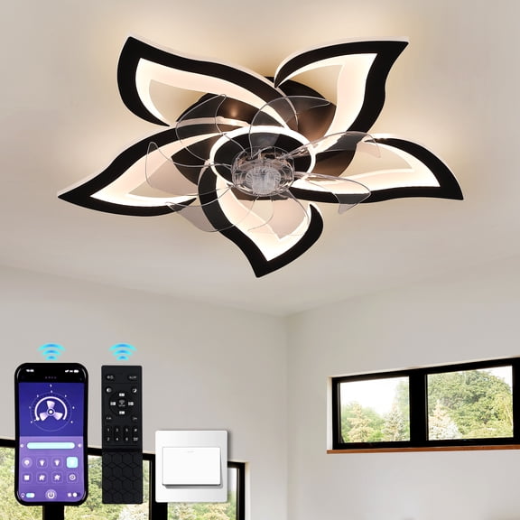 GCGAFUL Flower Ceiling Fan with LED Light and Remote, 25.59" Low Profile Flush Mount with 6 Speeds, 3 Light Color, for Bedroom Kitchen Living Room