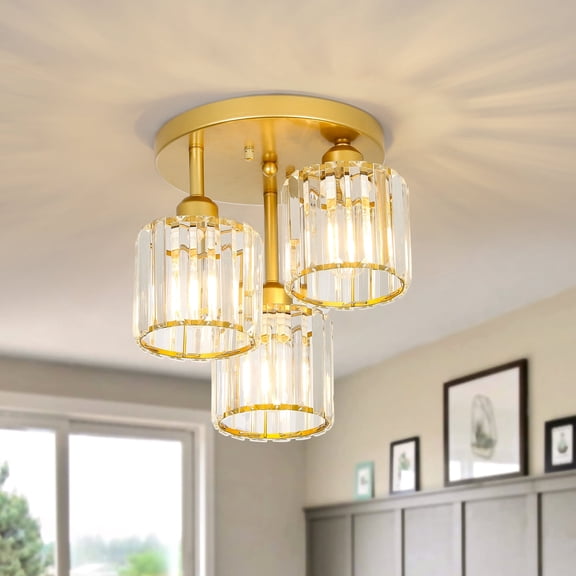 GCGAFUL 11.8" 3-Light Modern Gold Semi-Flush Mount Ceiling Light, Clear Crystal Shades, Close to Ceiling Light Fixture for Hallway, Entryway, Foyer
