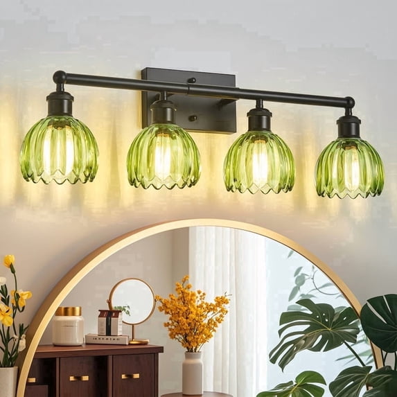 GCGAFUL Modern Black Bathroom Vanity Light Fixtures, 27 in. 4-Light Bathroom Lights Fixtures Over Mirror with Green Tulip Glass Shade