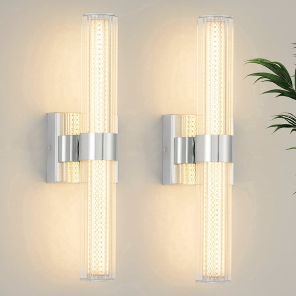 GCGAFUL 17 Inch Dimmable LED Wall Sconce 2 Pack, Modern Chrome Wall Light with Tempered Glass for Bedroom, Bathroom, Hallway, Living Room, Picture