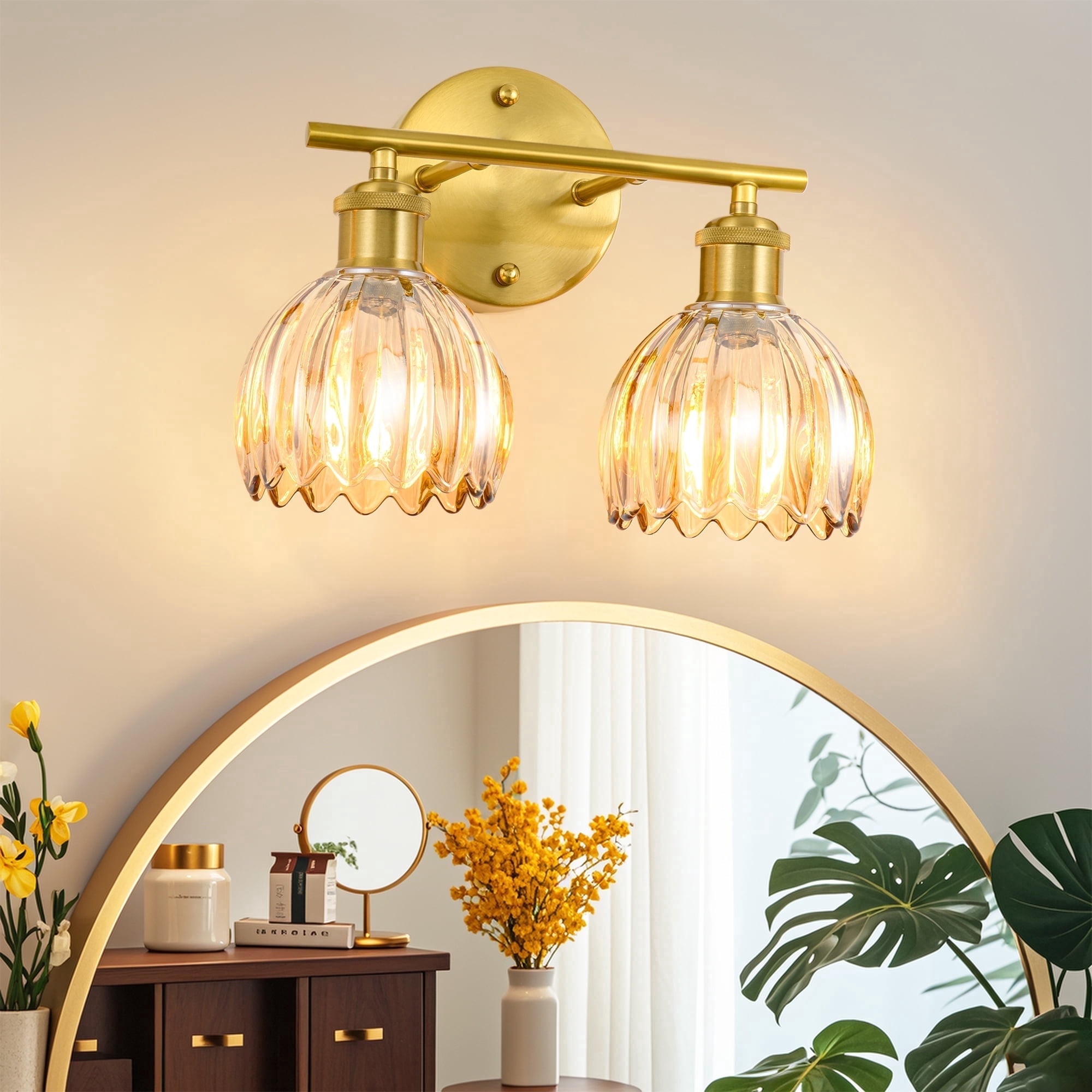 GCGAFUL Modern Gold Bathroom Vanity Light Fixtures, 12 in. 2-Light Bathroom Lights Fixtures Over Mirror with Amber Tulip Glass Shade