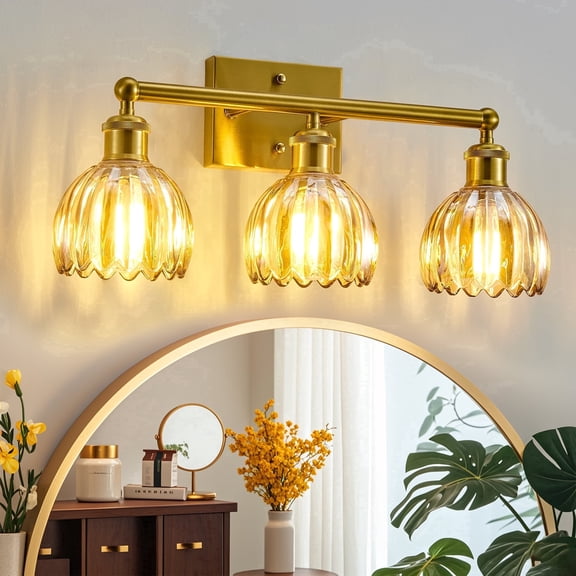 GCGAFUL Modern Gold Bathroom Vanity Light Fixtures, 20 in. 3-Light Bathroom Lights Fixtures Over Mirror with Amber Tulip Glass Shade